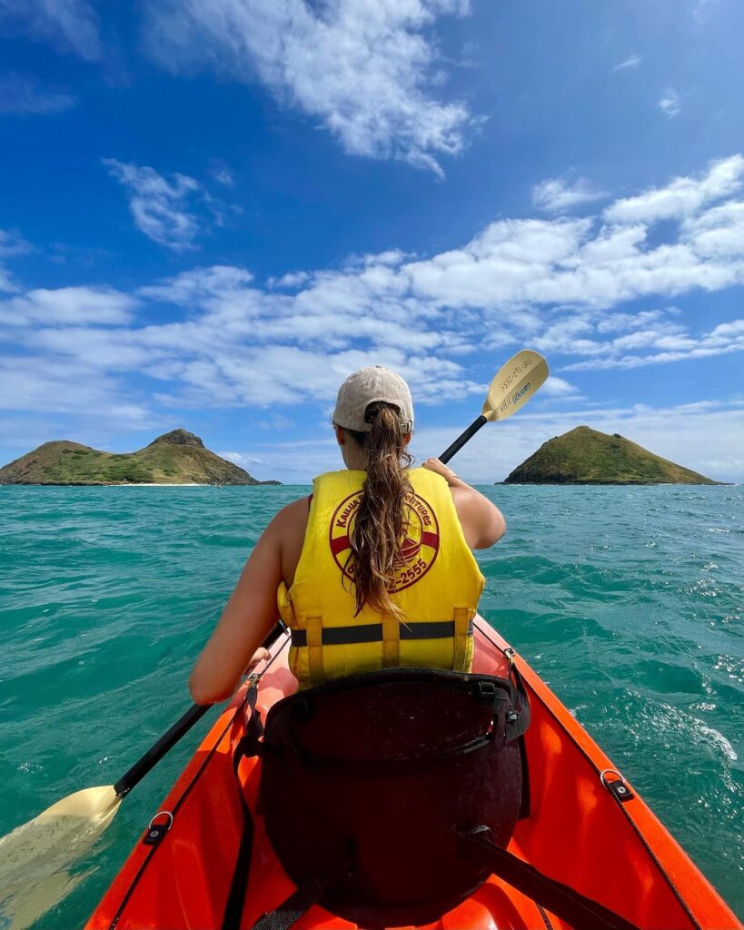Kayaks on at Kailua Beach with turquoise water in the background
