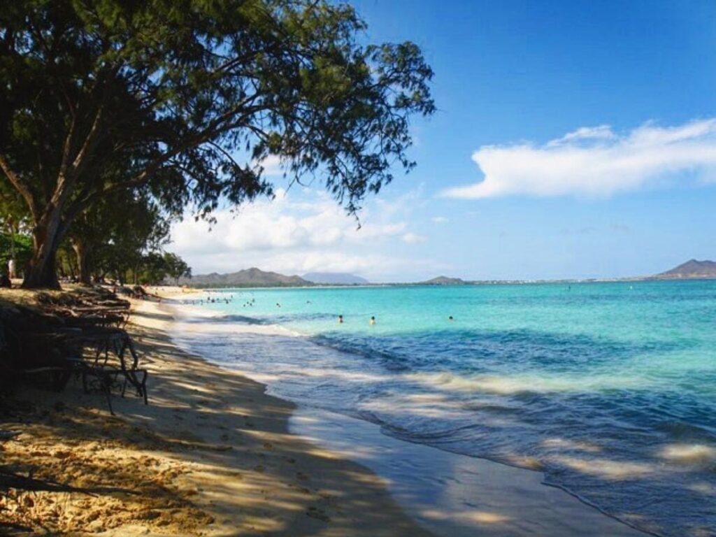 Wide sandy shoreline at Kailua Beach Park in Oahu