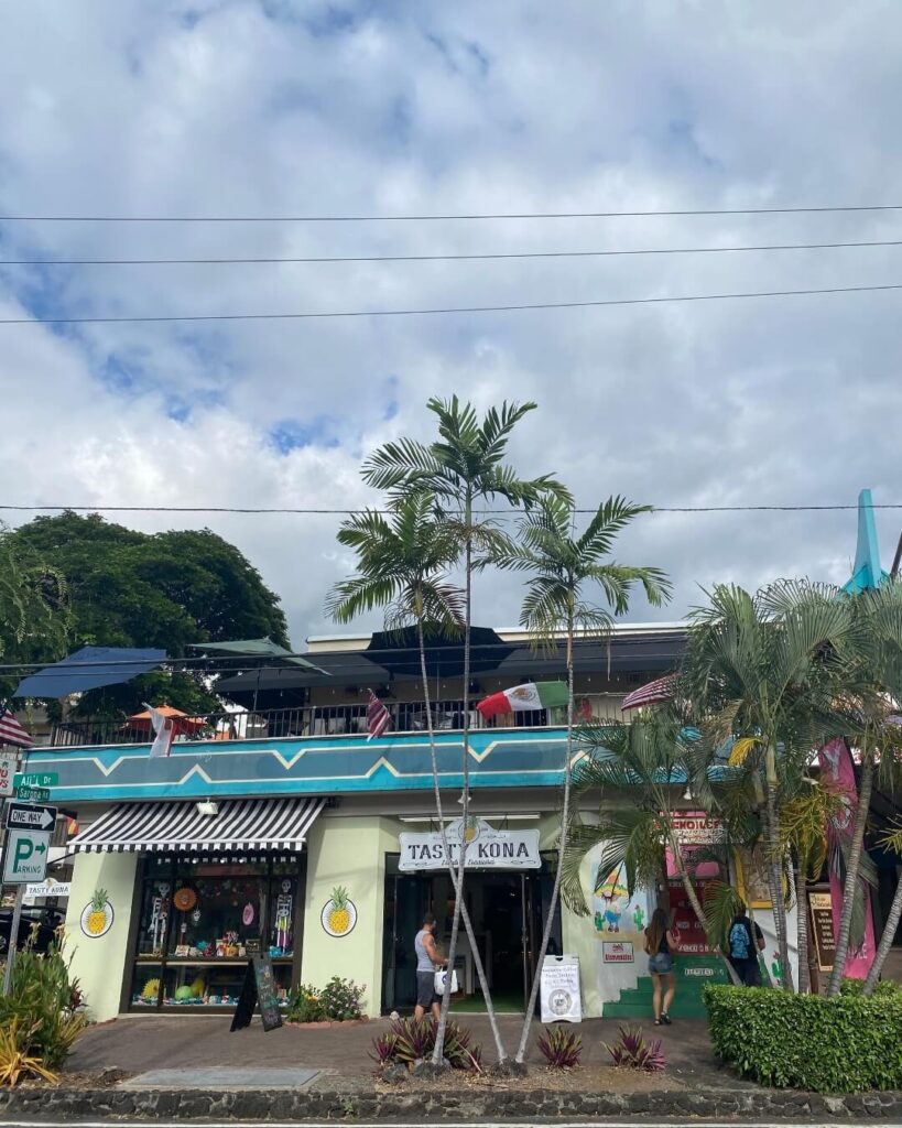 Oceanfront shops, restaurants, and palm trees along Aliʻi Drive in Kailua-Kona