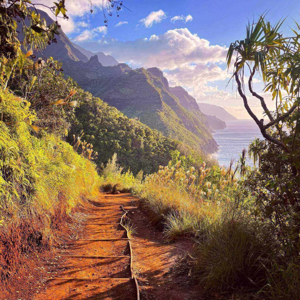 Hikers enjoying panoramic views along the Kalalau Trail on Kauai