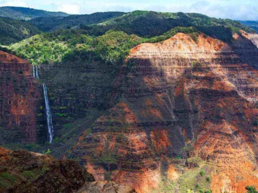 Scenic view in Kauai showing canyon cliffs and coastline landscape