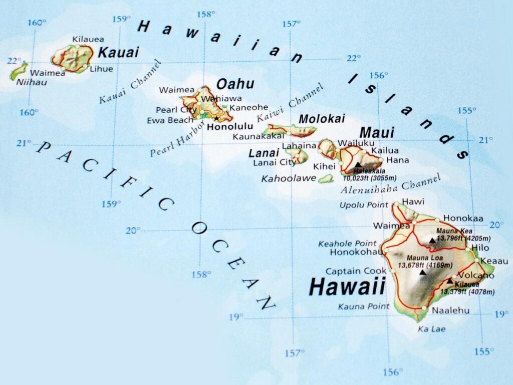 Map of Kauai island showing North Shore, South Shore, East Side, and West Side regions