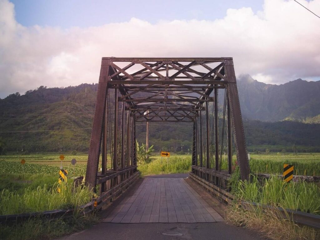 One-lane bridge on Kauai surrounded by tropical greenery