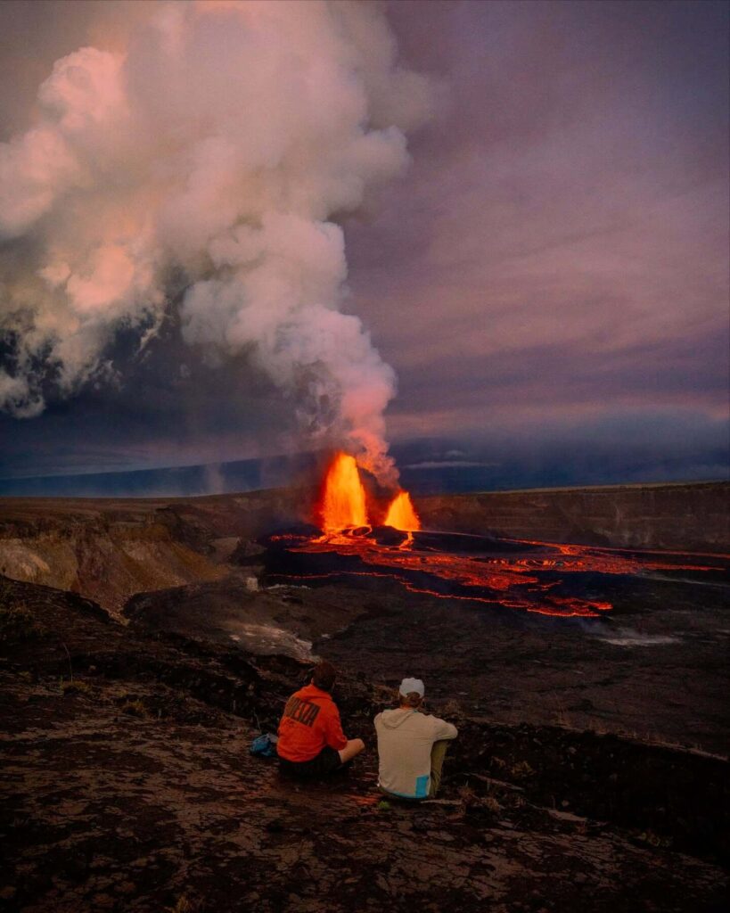 Steam rising through cracked lava on the Kīlauea Iki crater floor