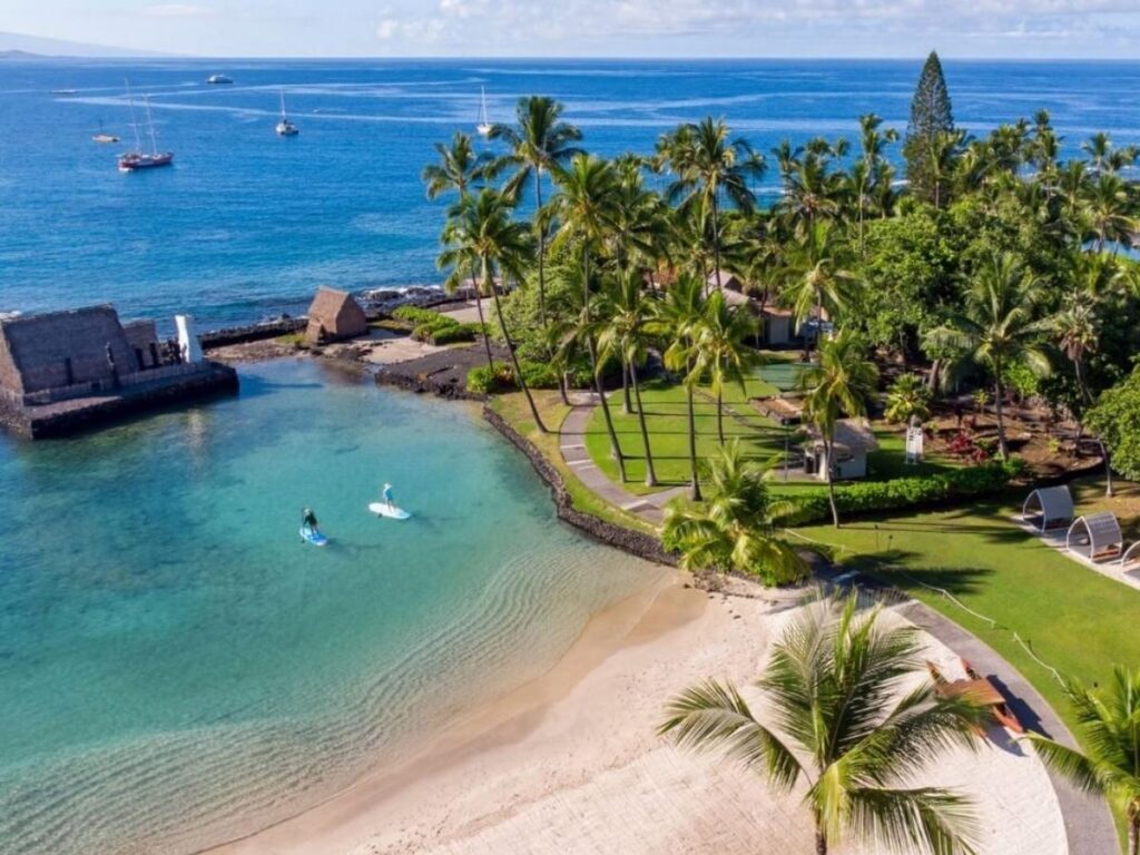 Aerial view of the Kona Coast on the Big Island of Hawaii with beaches and volcanic shoreline
