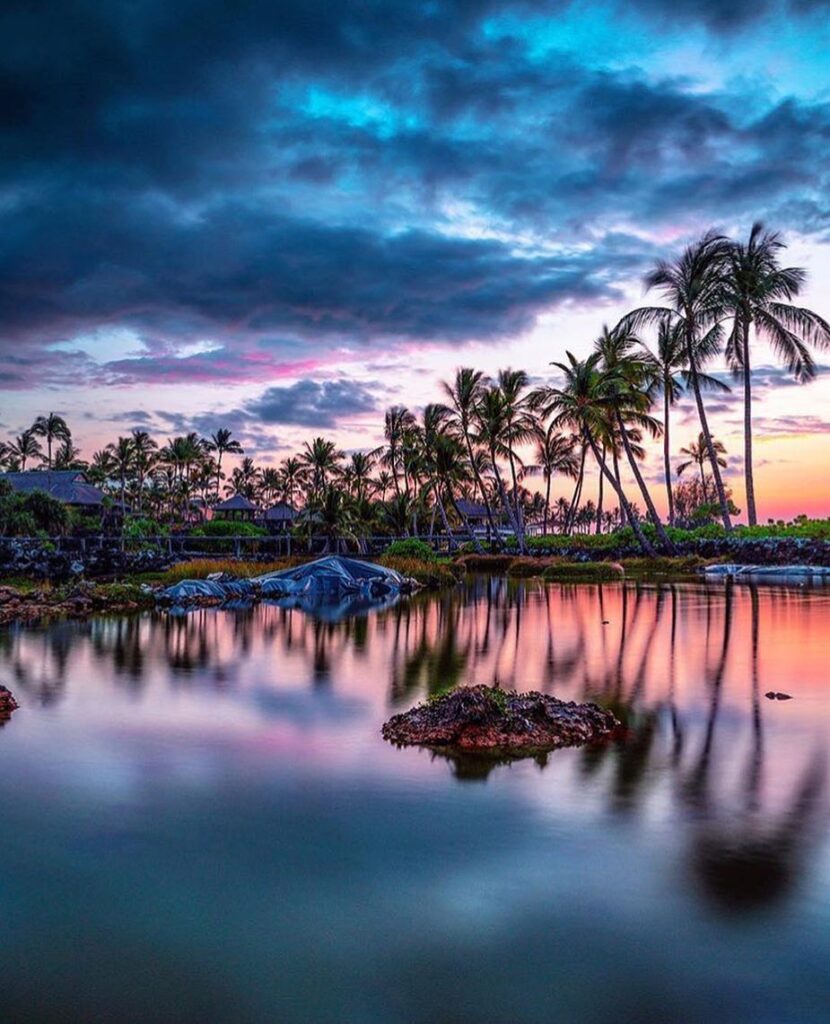 Kuki‘o beach framed by palm trees near Four Seasons Hualalai