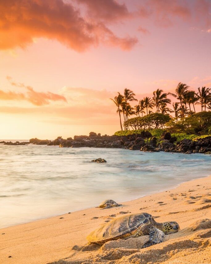 Golden sunset over lava rocks at Kukio Beach, Big Island