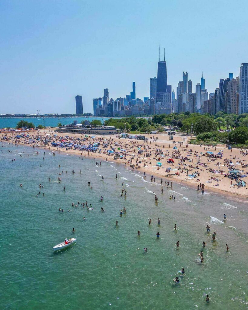 Walking path along Lake Michigan with the Chicago skyline in the distance