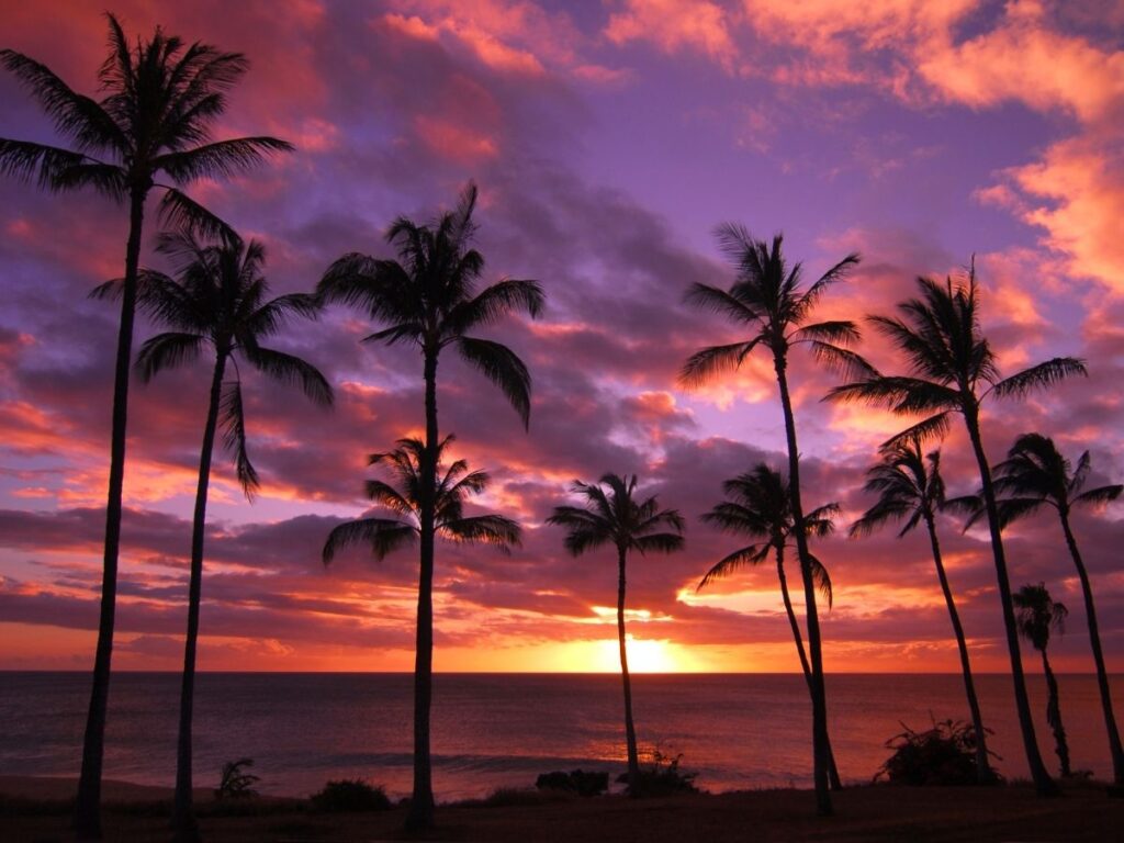 Peaceful sunset over Papohaku Beach with golden light and empty shoreline