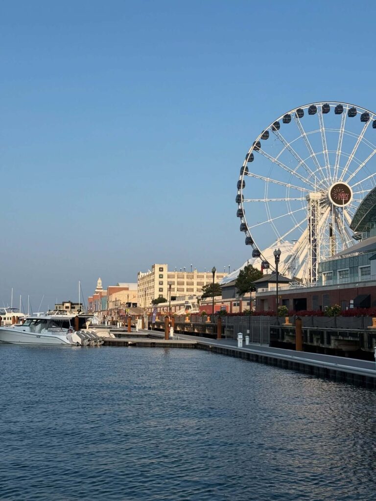 Visitors walking along the waterfront at Navy Pier in Chicago