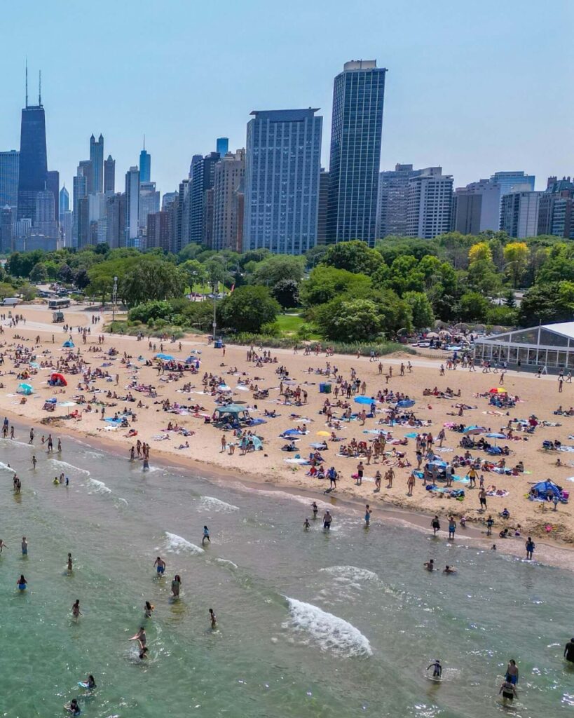 North Avenue Beach with the Chicago skyline in the background