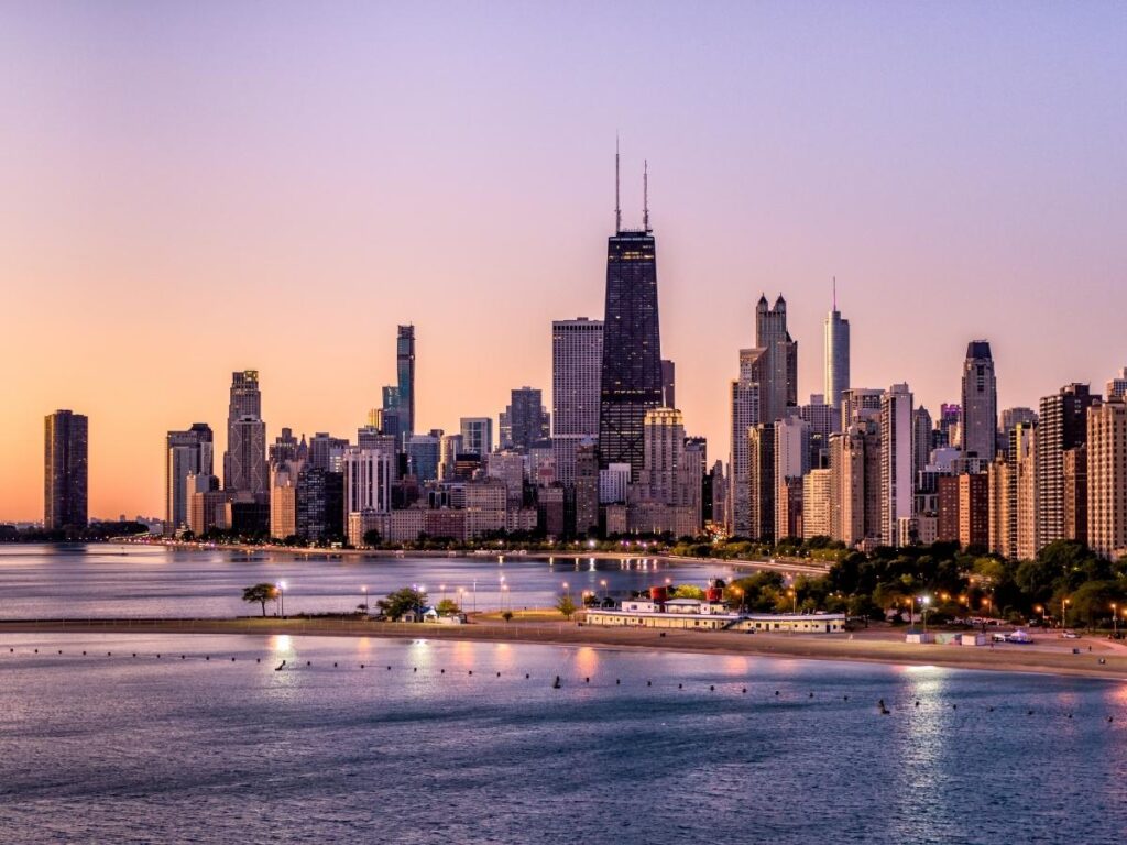 Sunset at North Avenue Beach with the Chicago skyline in the background