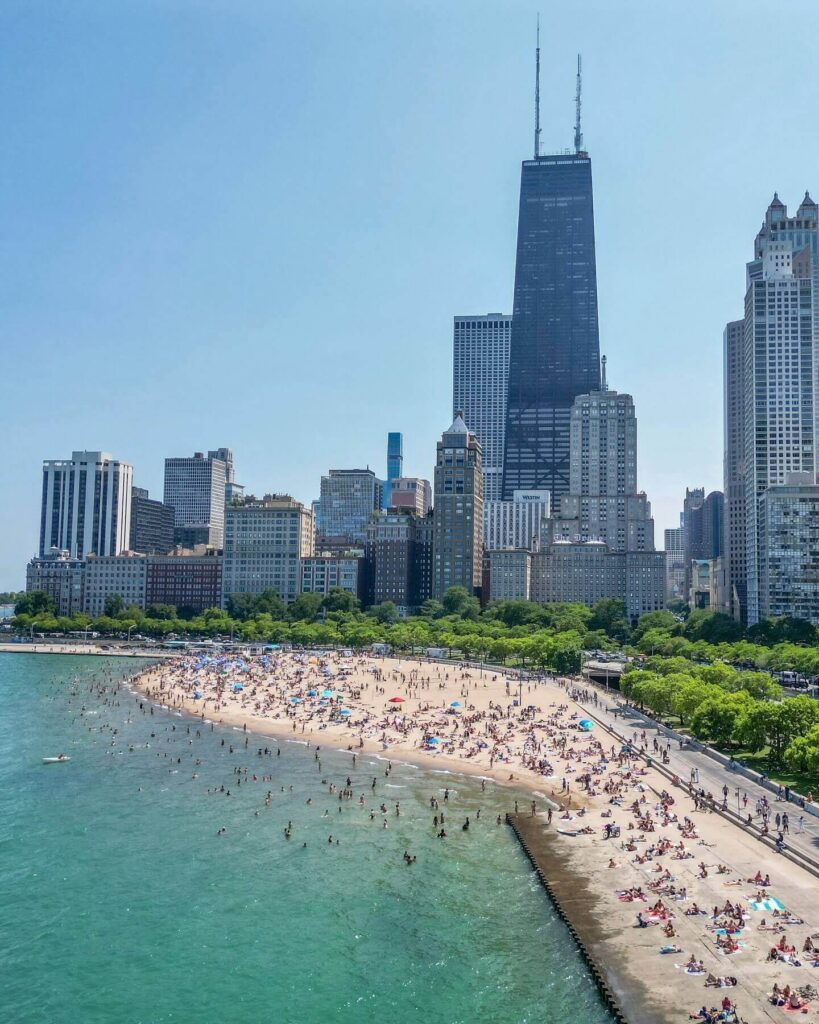 Oak Street Beach with the Chicago skyline in the background