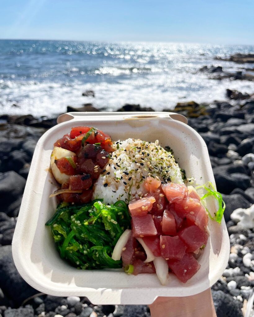Fresh ahi poke bowl with seaweed salad from Da Poke Shack, Kona