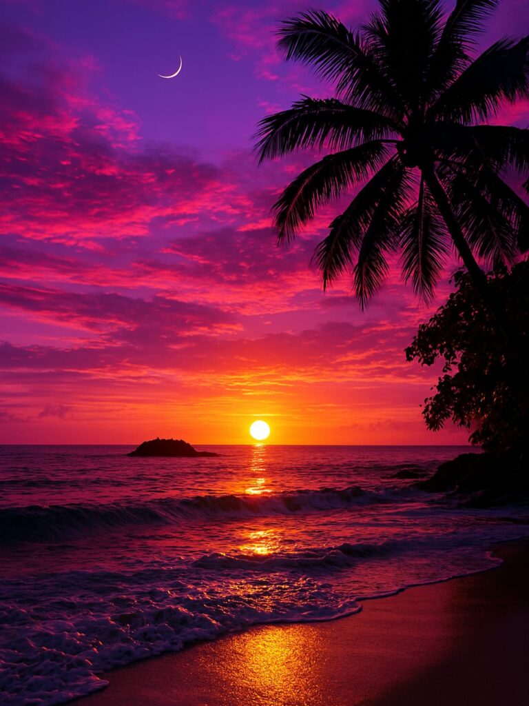 Sunset over the Pacific Ocean at Polihale State Park with colorful skies
