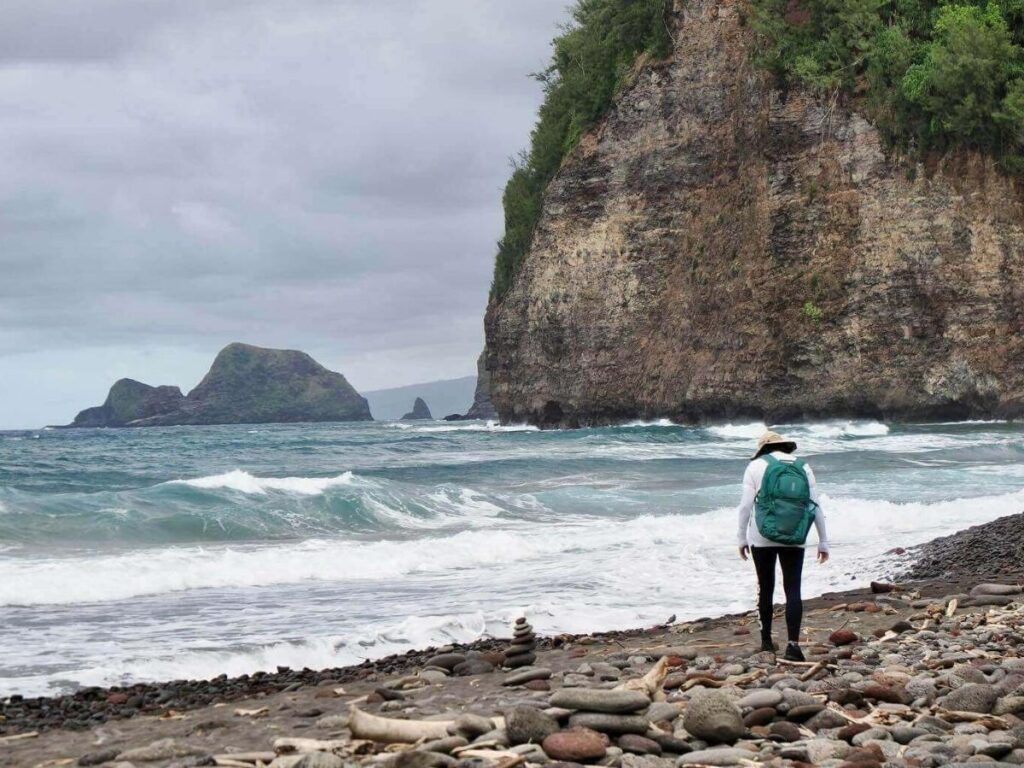 View of Pololū Valley cliffs and black sand beach on the Big Island