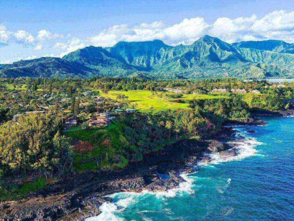 Princeville on Kauai’s North Shore with dramatic green mountains