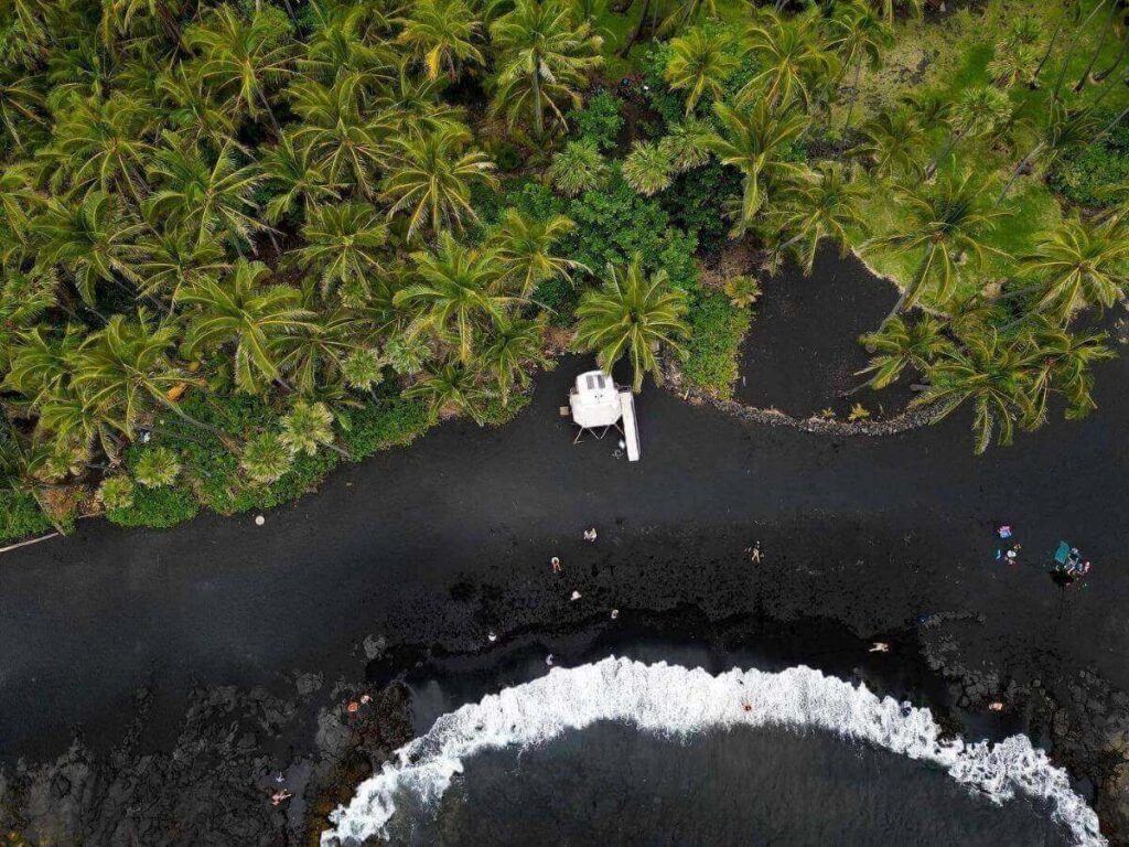 Black sand shoreline at Punaluʻu Beach on the Big Island