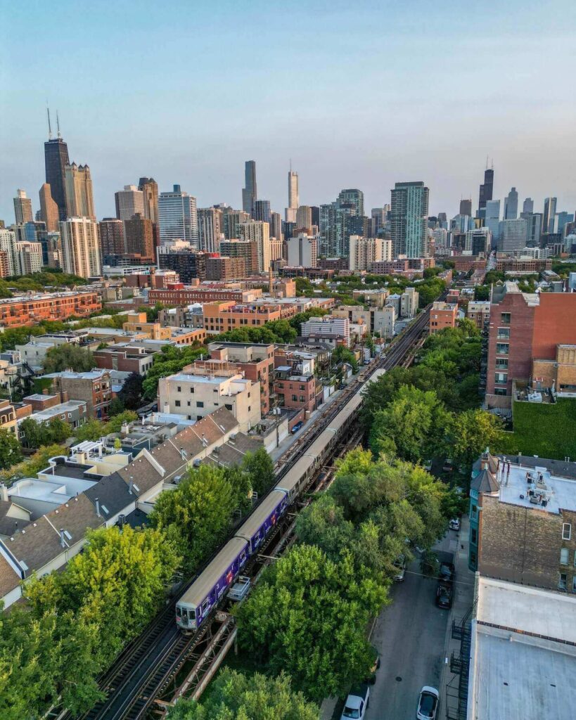 River North neighborhood with restaurants and downtown Chicago