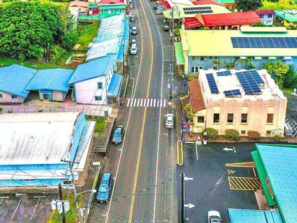 Walkable main street in a small Hawaiian town with low-rise storefronts