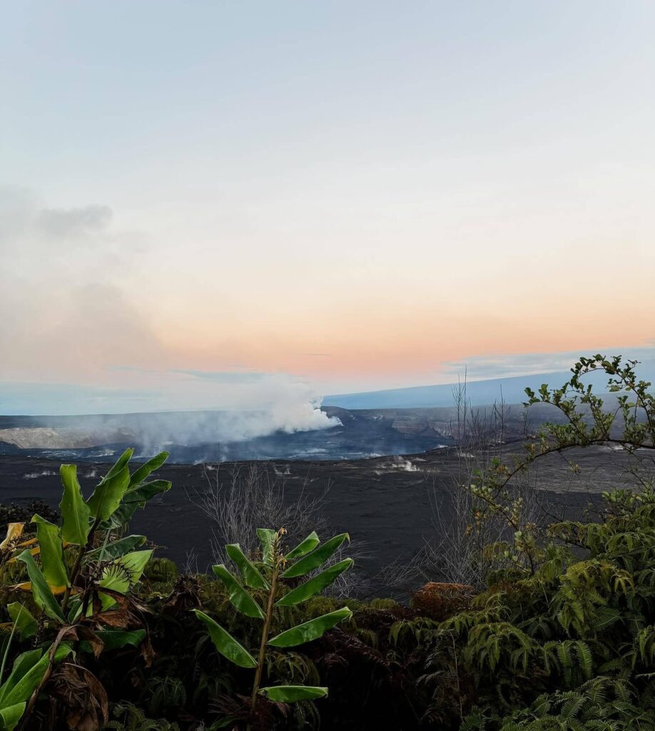 Steam rising from volcanic vents in Hawaiʻi Volcanoes National Park lava landscape