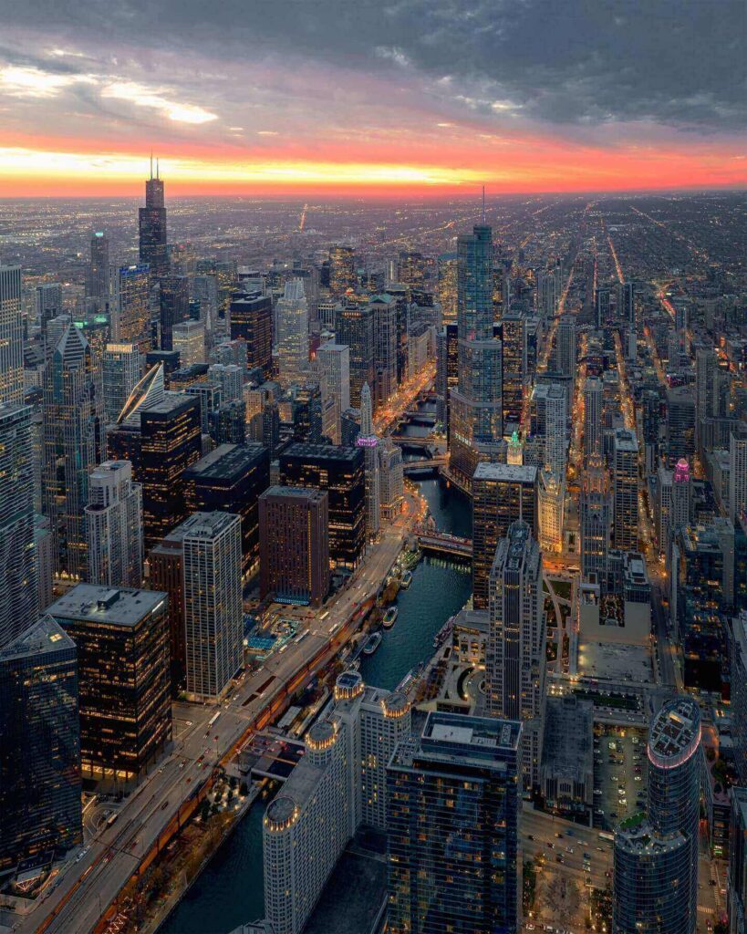 Downtown Chicago skyline and The Loop viewed from above