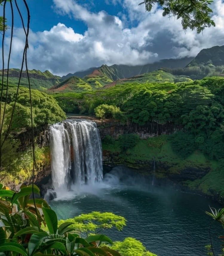 Wailua Falls cascading into a lush tropical valley on Kauai's East Side
