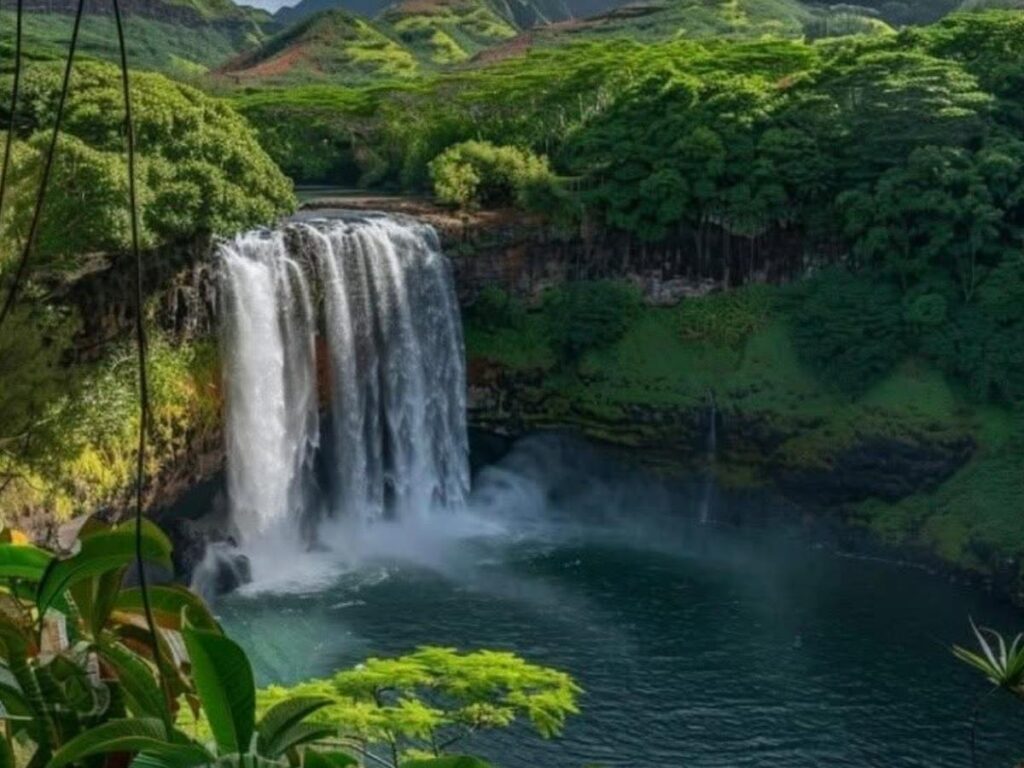 Wailua Falls waterfall on Kauai East Side surrounded by tropical greenery