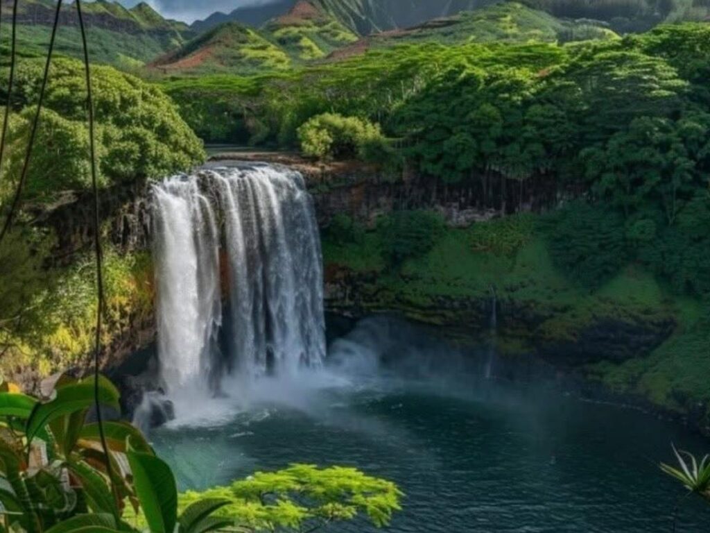 Wailua Falls waterfall surrounded by lush greenery on Kauai