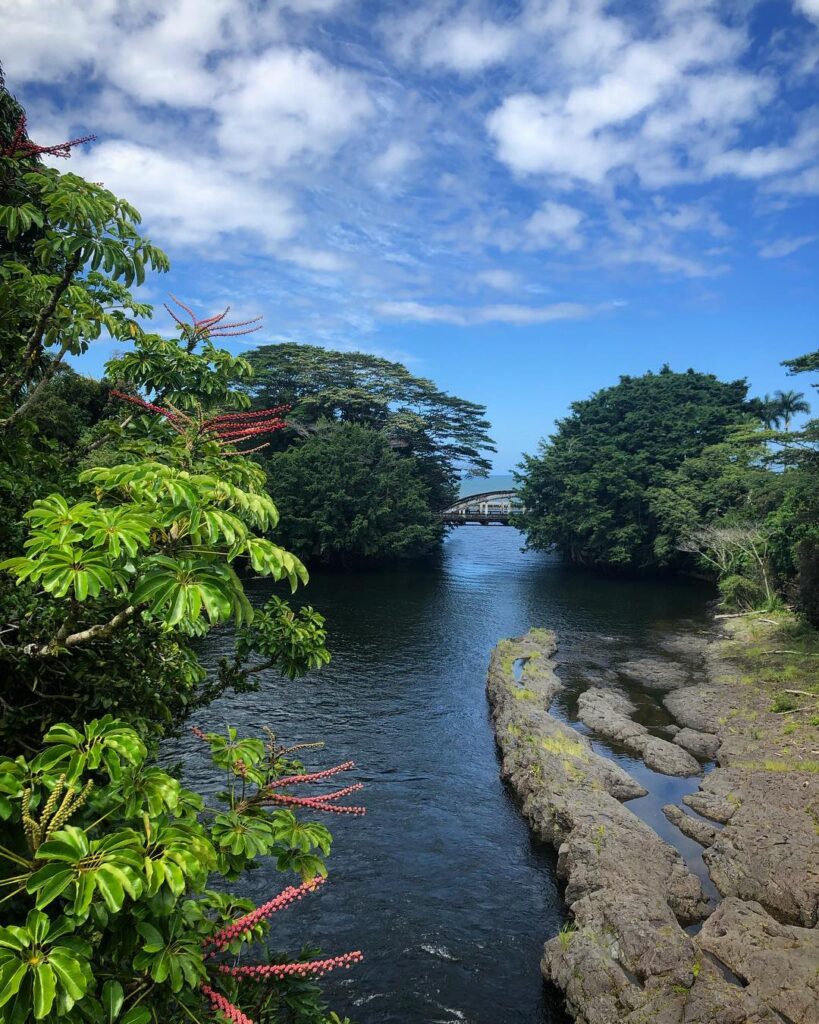 Panoramic view of Rainbow Falls surrounded by tropical rainforest in Wailuku River State Park
