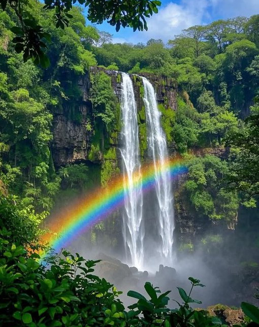 Panoramic view of Rainbow Falls surrounded by lush rainforest on the Big Island