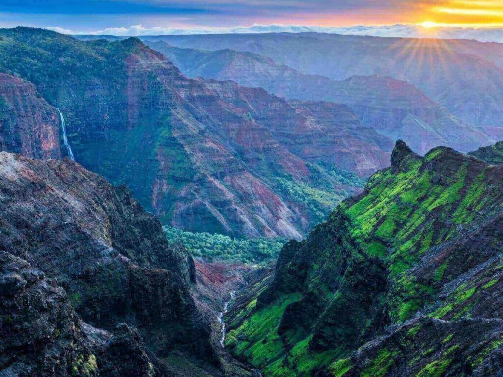 View of Waimea Canyon on Kauai West Side with red cliffs and deep valley