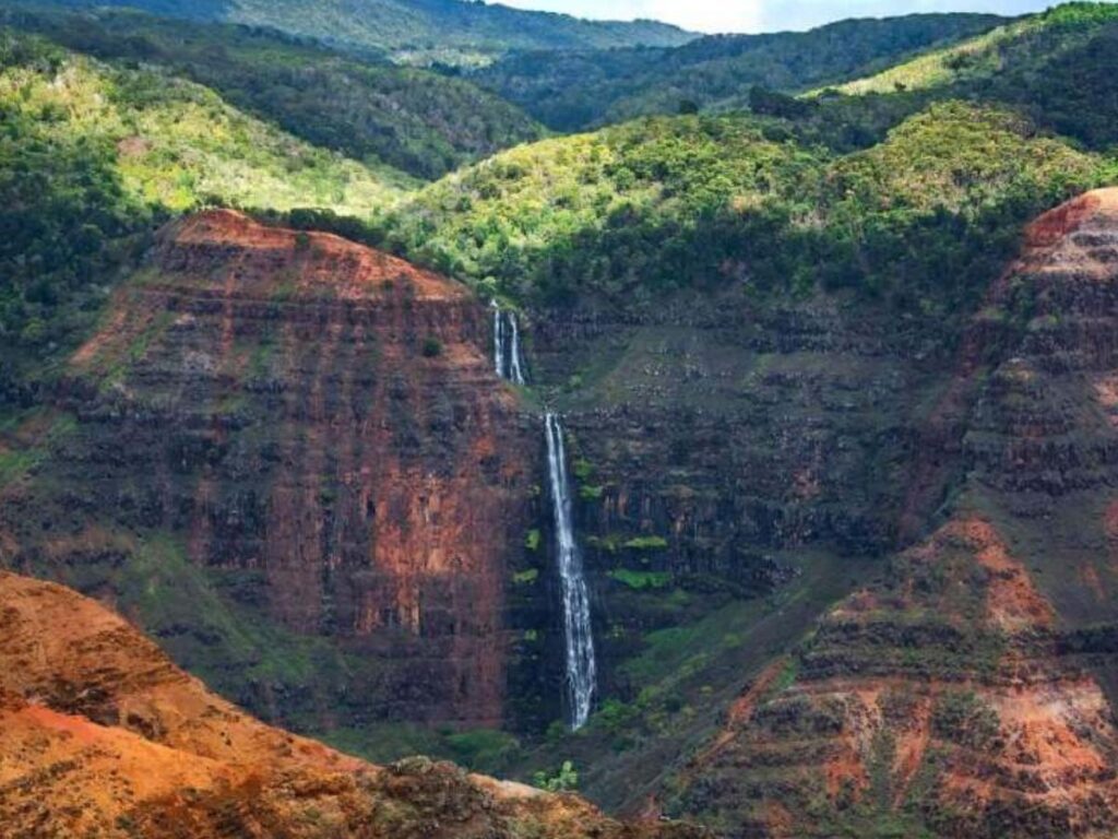 Layered red and green cliffs at Waimea Canyon State Park in Kauai