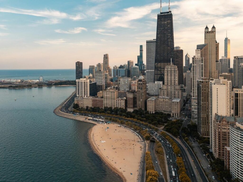 Visitors walking along the Chicago Riverwalk on a sunny day
