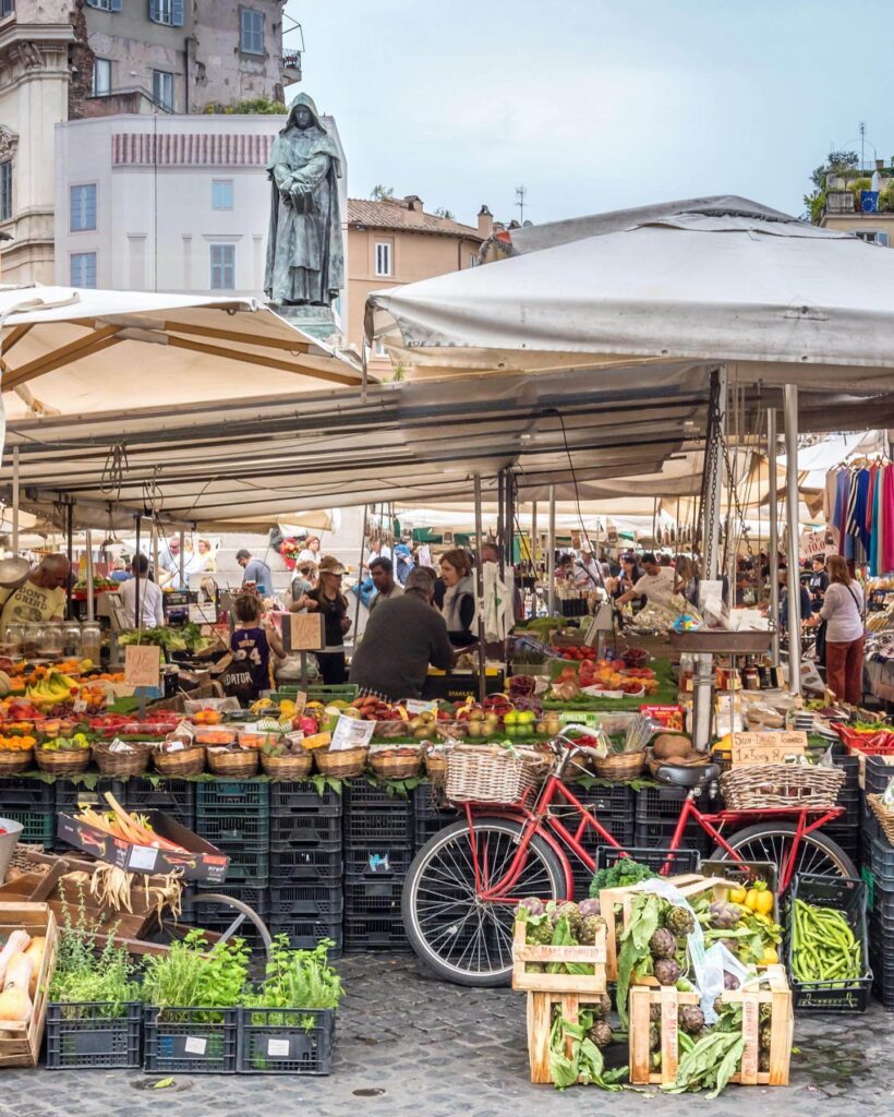 Campo de’ Fiori market stalls with fresh vegetables and spices	