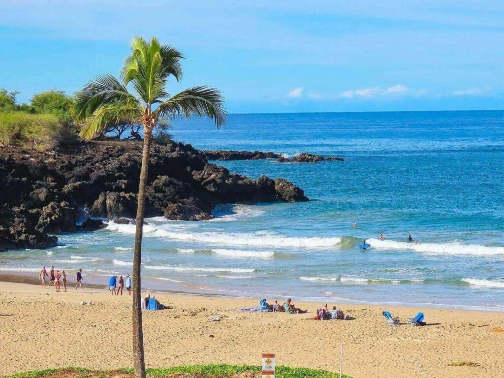 Wide white sand shoreline at Hapuna Beach State Recreation Area on the Big Island