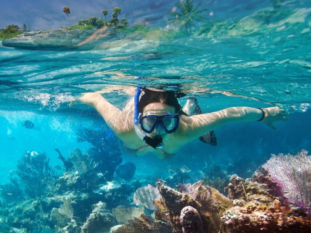 Snorkeling above a coral reef with tropical fish in clear water in Hawaii