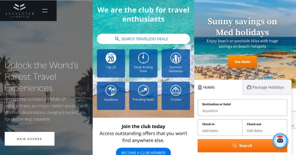 Screenshot collage of Jetsetter, Secret Escapes, and Travelzoo homepages