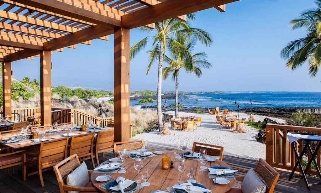 Ocean view dining at a Ko Olina restaurant during sunset