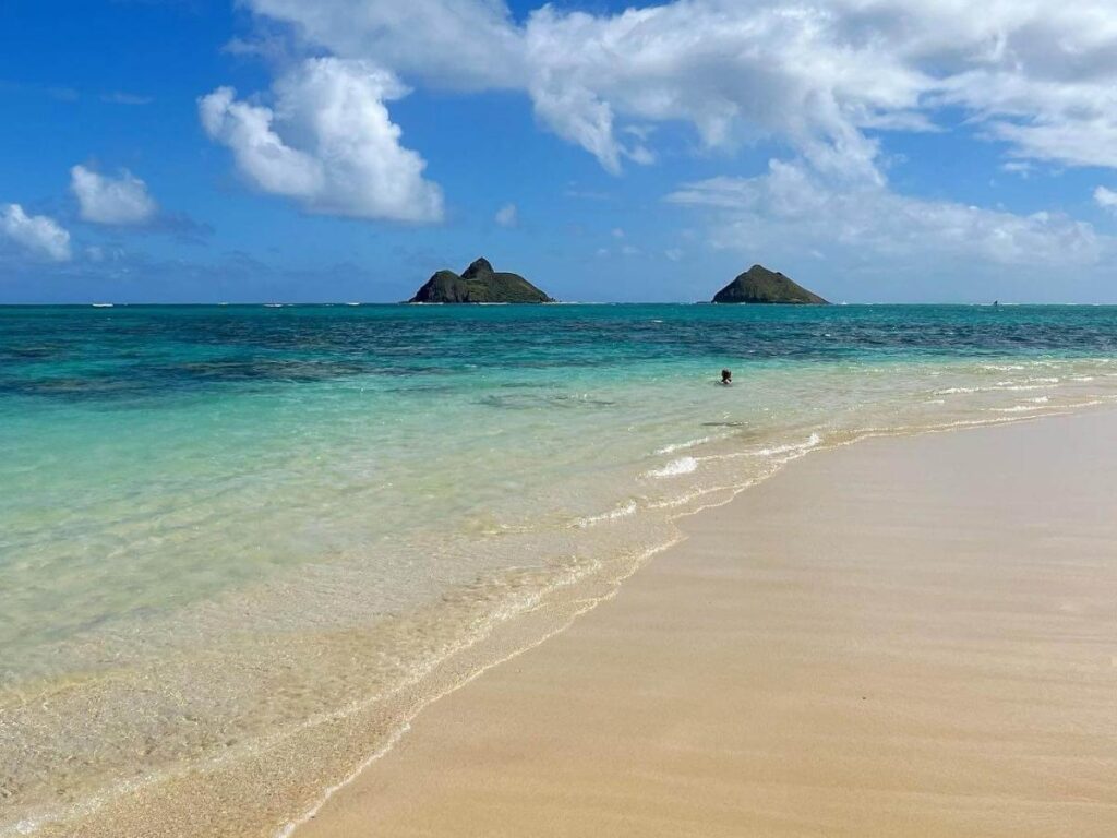 Lanikai Beach on Oahu with clear turquoise water and the Mokulua Islands offshore