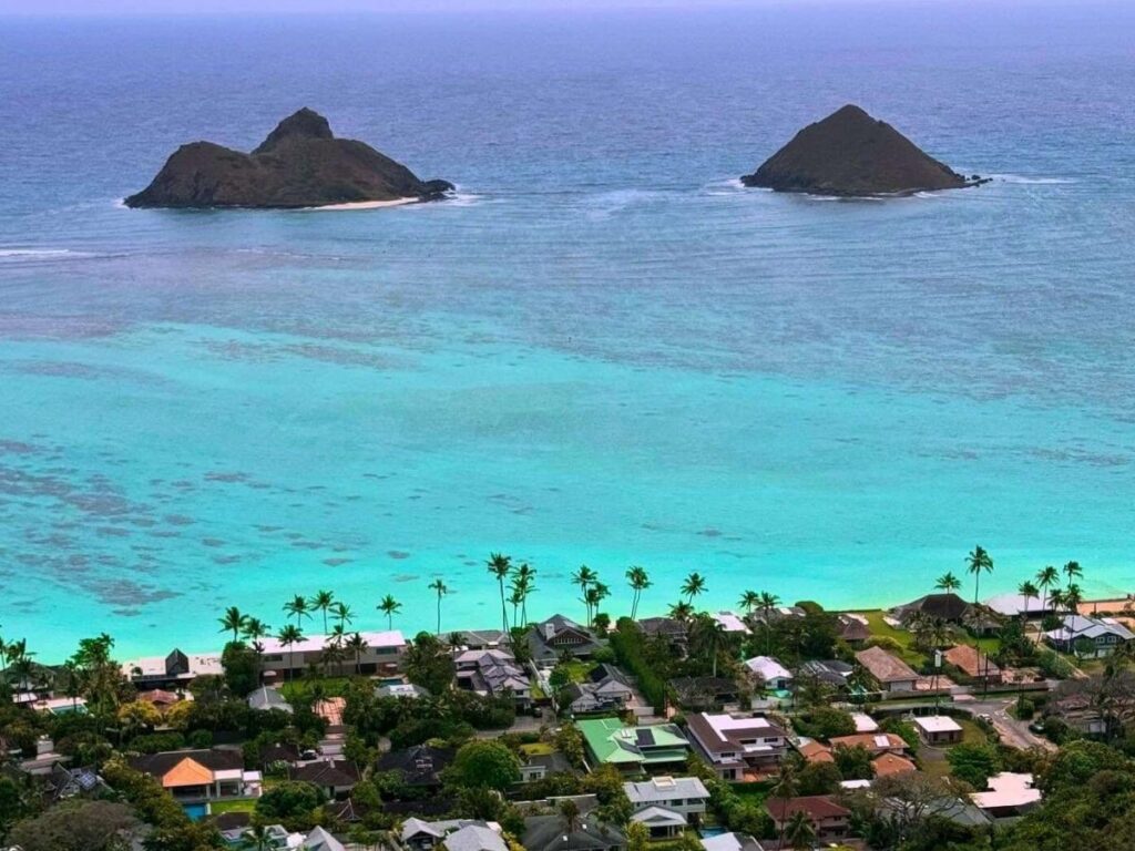 Morning view from the Lanikai Pillbox Hike overlooking Lanikai Beach in Oahu