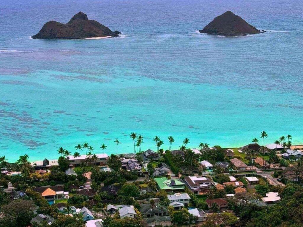 View from the Lanikai Pillbox Hike overlooking Lanikai Beach and the Mokulua Islands in Kailua Oahu