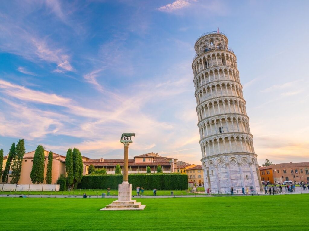 The Leaning Tower of Pisa glowing in early morning light