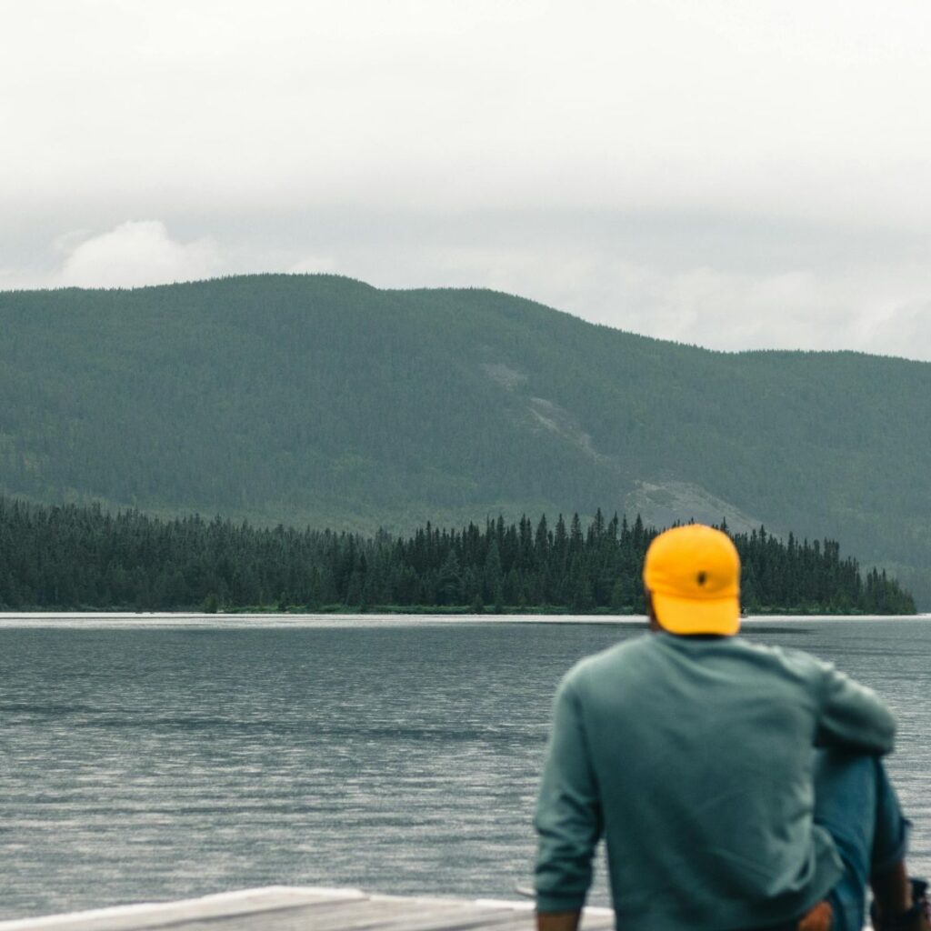 Peaceful solo hike moment by a lake