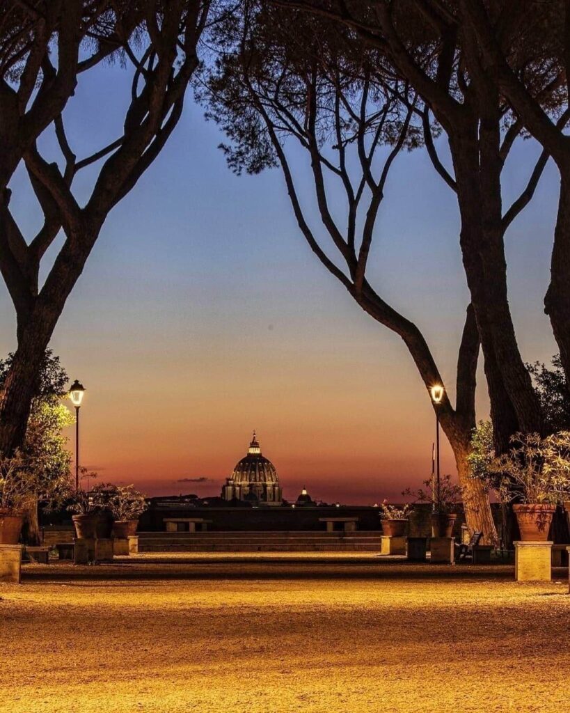 Panoramic view from the Orange Garden at sunset in Rome	