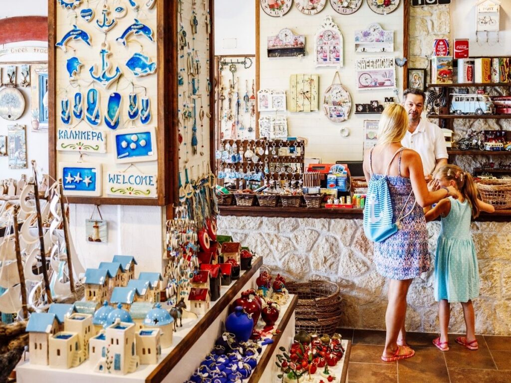 Tourist trap souvenir shop selling overpriced and generic travel items