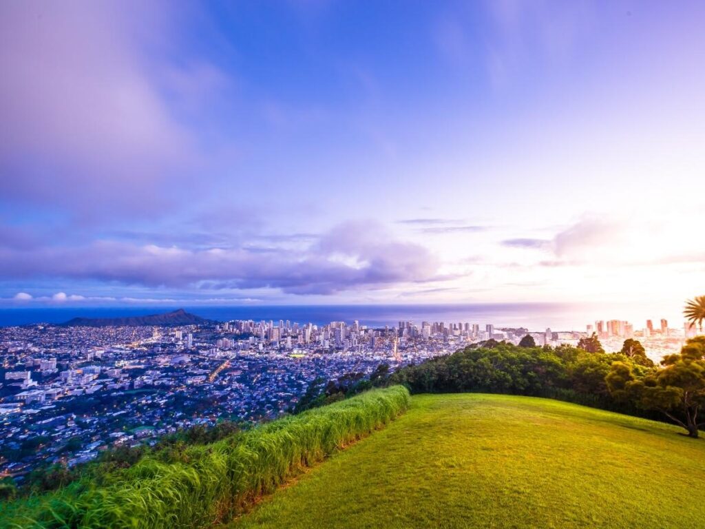 Blue hour view of Waikiki, Diamond Head, and Honolulu from Tantalus Lookout