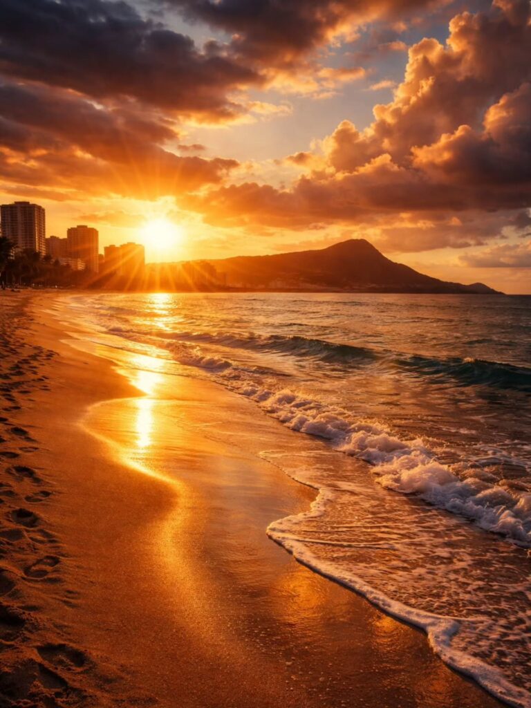 Sunset at Waikiki Beach with Diamond Head, surfers, and visitors enjoying the evening
