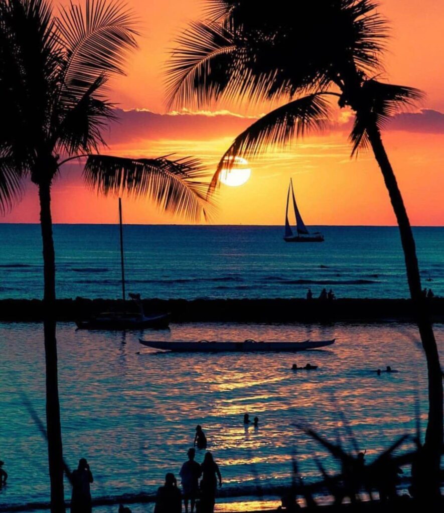 Twilight over Waikiki Beach with Diamond Head and the Pacific Ocean after sunset