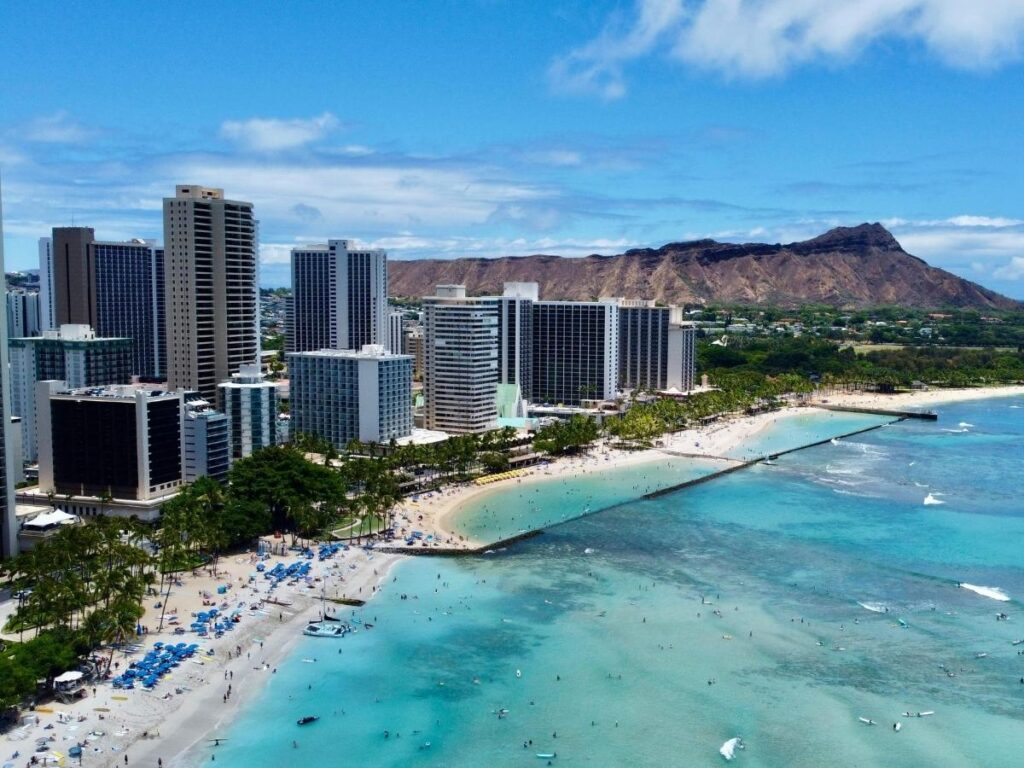 Waikiki skyline in Honolulu with beachfront high-rise hotels